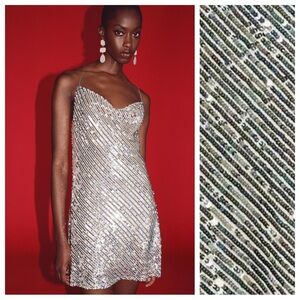NWT. Zara Silver/Pink Sequined Mini Slip Dress. Size M.